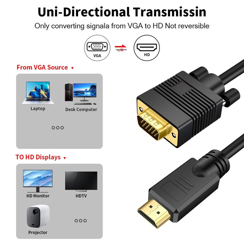 Kirzi كابل VGA (مصادر) إلى HDMI (عرض) بطول 40 قدم مع صوت، كابل محول VGA ذكر إلى HDMI متوافق جيدًا مع الكمبيوتر/البروجيكتور/اللابتوب إلى الشاشة/التلفاز. - Image 4